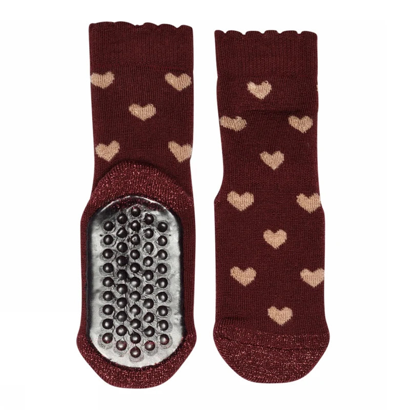 Rosalia Anti-Slip Socks – Wine Red – Wool anti-slip kids' socks with hearts – Merino wool – MP Denmark