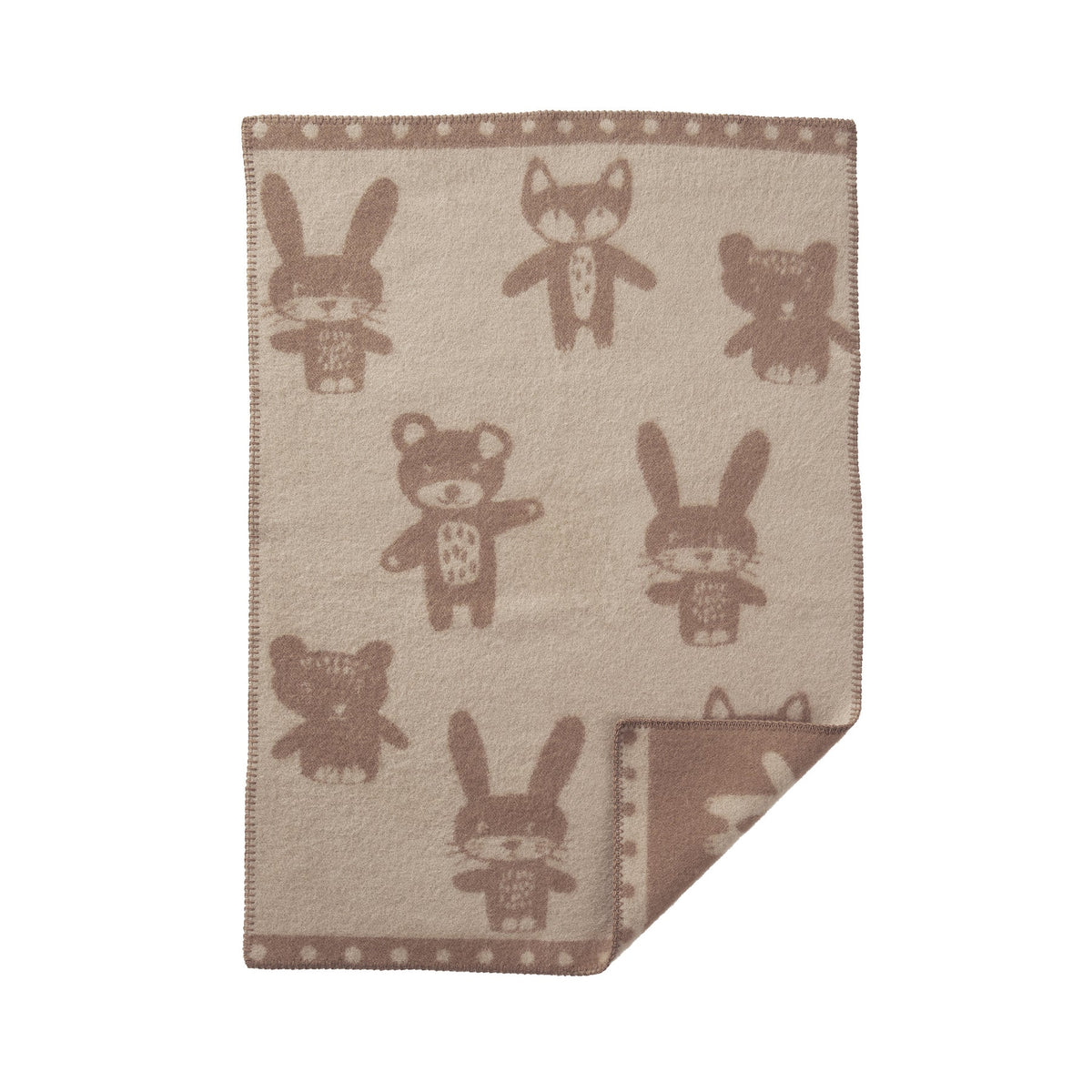 Bunny & Bear – Babydecke mit Häschen und Bärchen – 100% Lammwolle – 65 × 90 cm – Klippan Yllefabrik