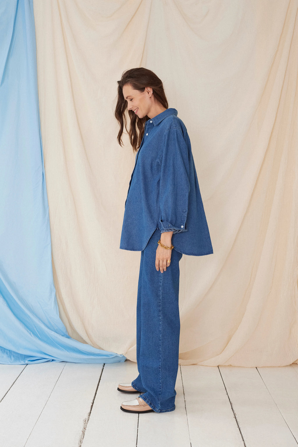 The Wide Jeans Dark Blue – Jean de grossesse large avec bandeau ajustable – Atelier Melon