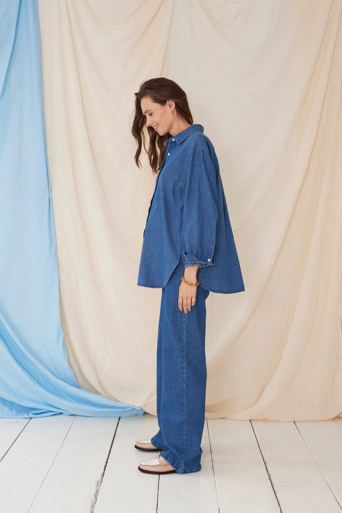 The Wide Jeans Dark Blue – Jean de grossesse large avec bandeau ajustable – Atelier Melon