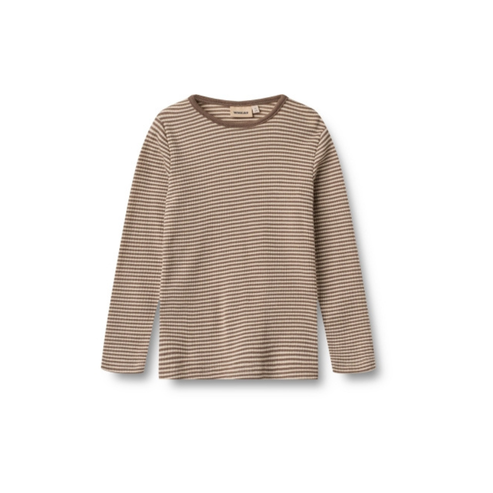 Langarm-Oberteil Alfie - Merinowolle/Seide - Brown Stripe - Wheat