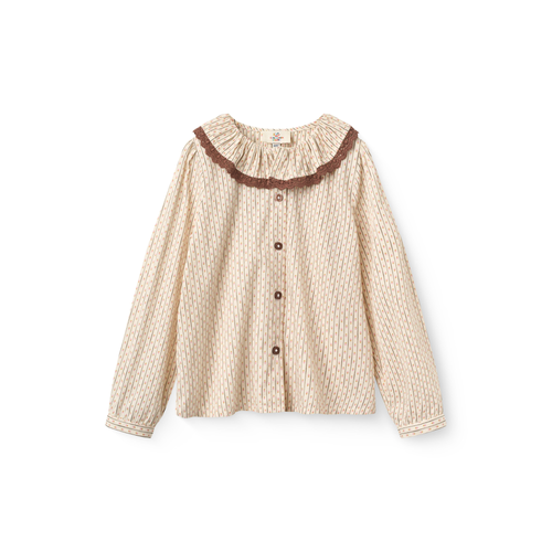 Blouse à col volanté - Imprimé fleurs sable - 100 % coton biologique - Couleurs de Copenhague - devant