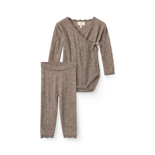 Ensemble bébé - Grenouillère et legging en maille ajourée - Mélange naturel - 100 % laine mérinos - Couleurs Copenhague - vue de face