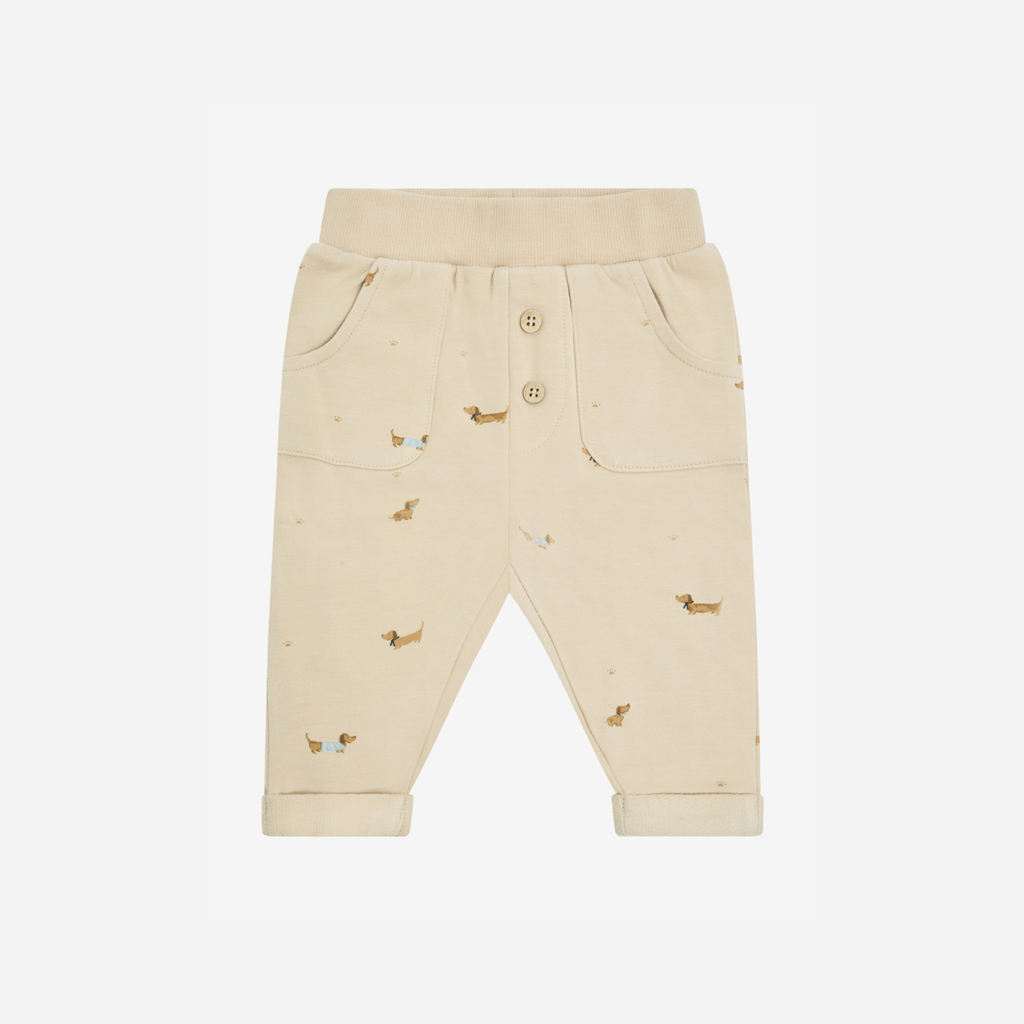 Sweatbroekje - Humus - Beige met teckel print - Fixoni - voorkant