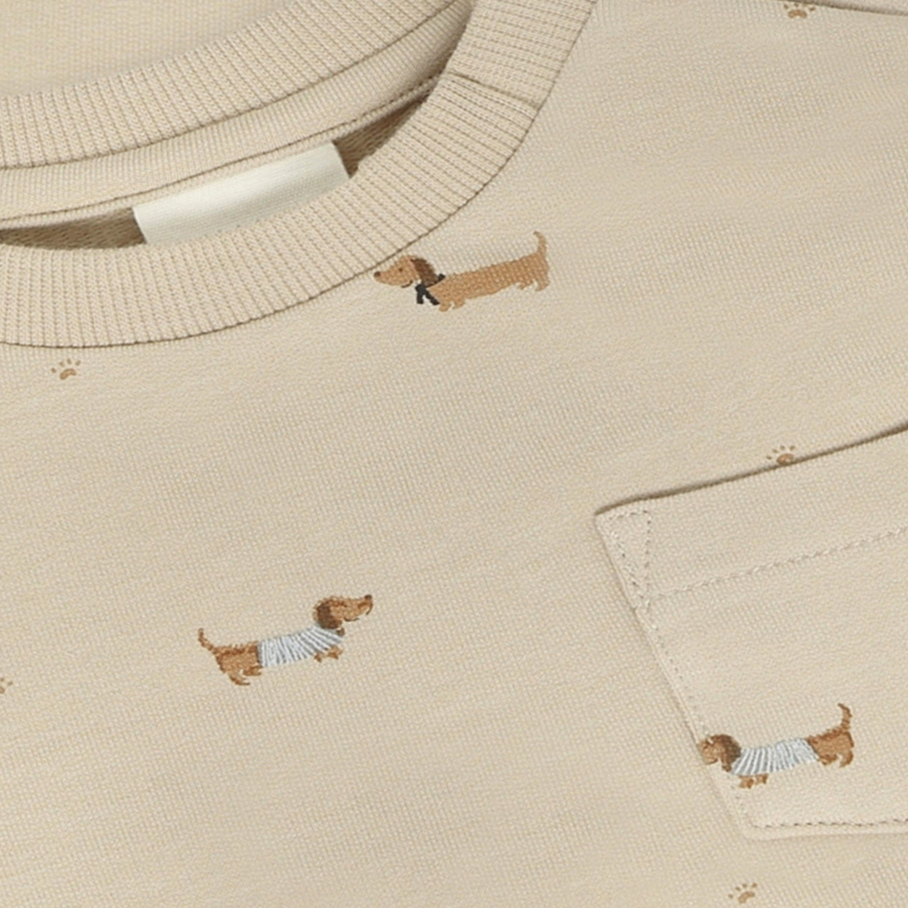 Sweater - Humus - Beige met teckel print - Fixoni - close up