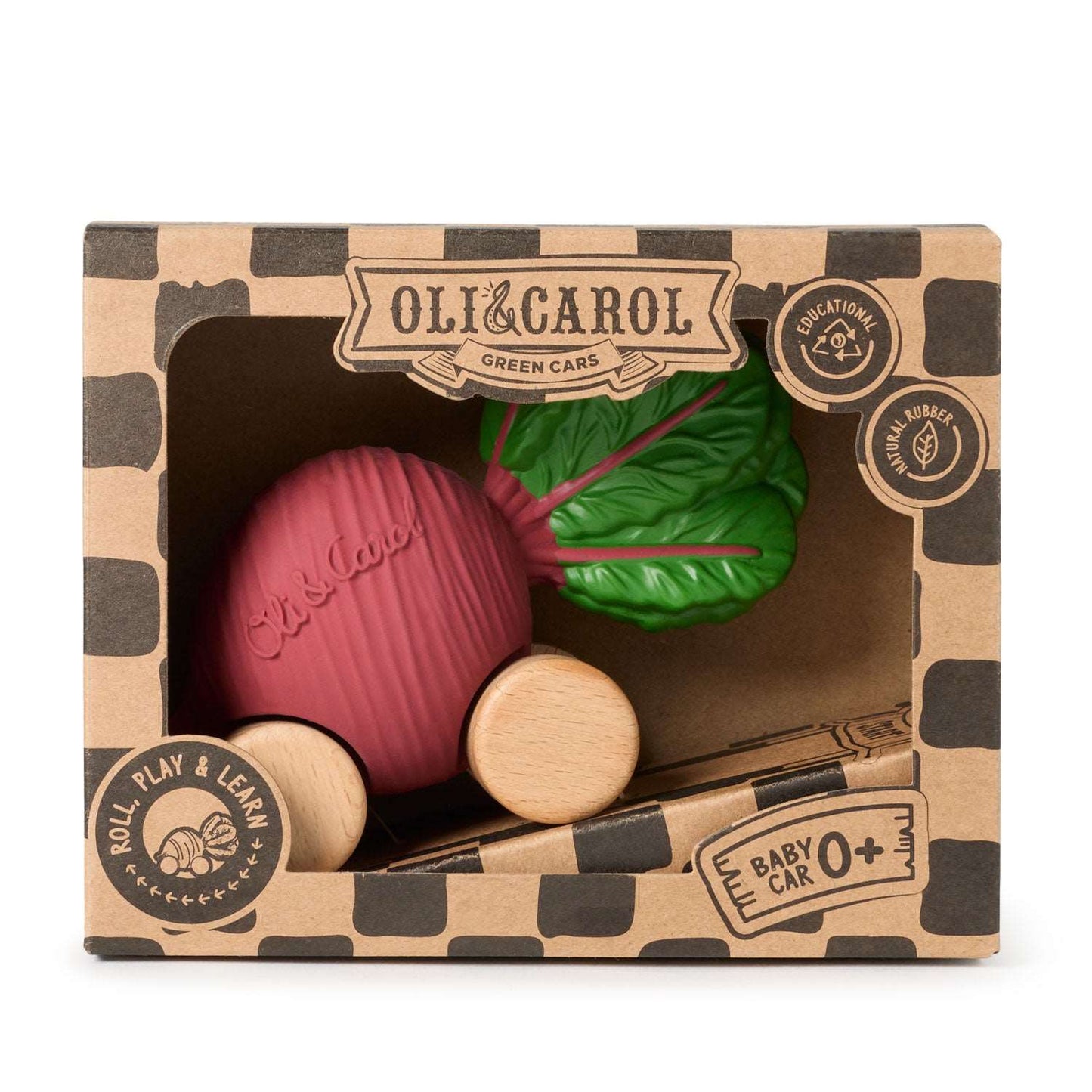 Speelgoedauto Betty the Beetroot met garage & racebaan - 0+ jaaar - Natuurrubber & FSC-hout - Oli&Carol