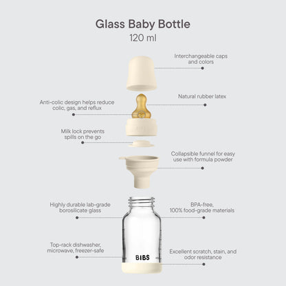 Babyflasche aus Glas - Latex/Naturkautschuk - Ivory - 120 ml oder 240 ml - BIBS