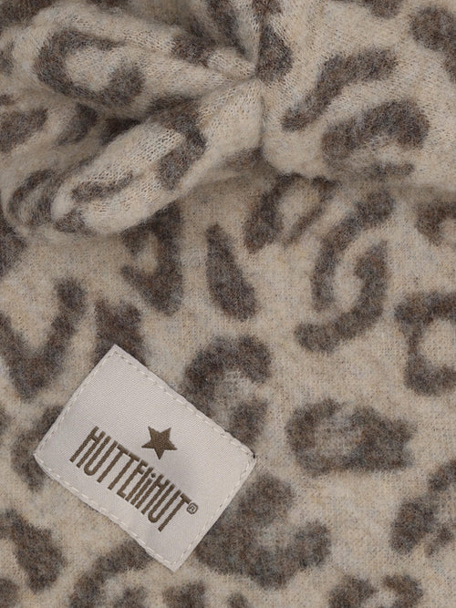 Cagoule à oreilles - Polaire en laine mérinos - Jacquard/imprimé léopard - Camel chiné - Gros plan HUTTEliHUT