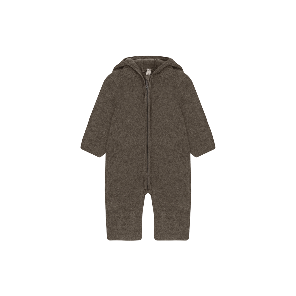 Buitenpak met berenoren van merino wol fleece - Brown Melange - HUTTEliHUT voor
