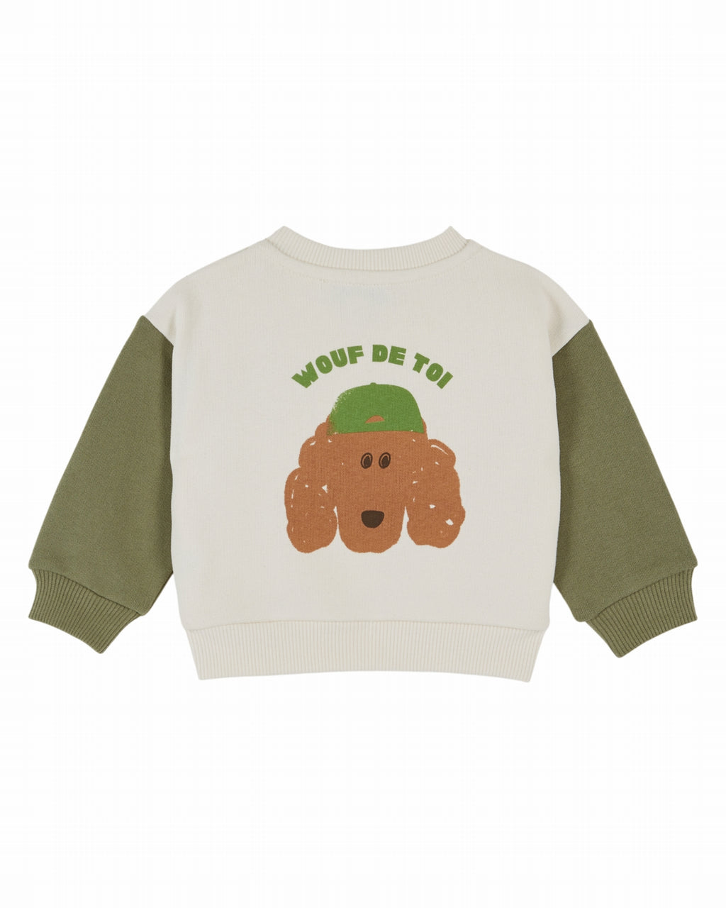 Pull à motif chien - Écru Pistache - Coton bio - Sweat-shirt bicolore - Emile et Ida - Photo du produit