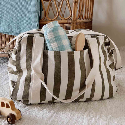 Diaper Bag/Weekend Bag Raphael - Stripes Greige/Olive - Water-repellent cotton - Rose in April