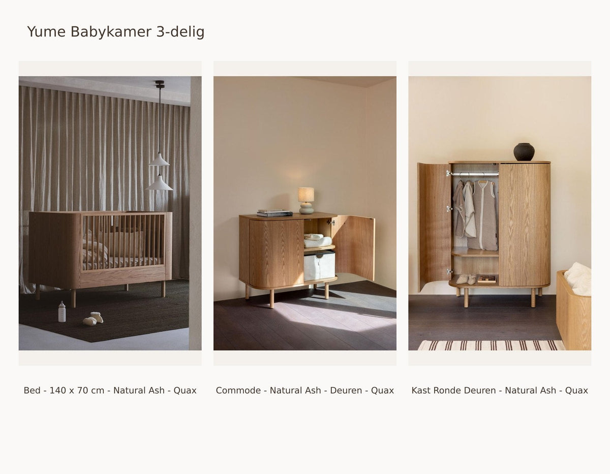 Quax Yume Chambre bébé 3 pièces – Natural Ash – 140 × 70 – Commode portes – Armoire portes arrondies – avec barrière de sécurité et kit junior : ensemble avec Lit - 140 x 70 cm - Natural Ash - Quax, Commode - Natural Ash - Portes - Quax, Armoire Portes Arrondies - Natural Ash - Quax.