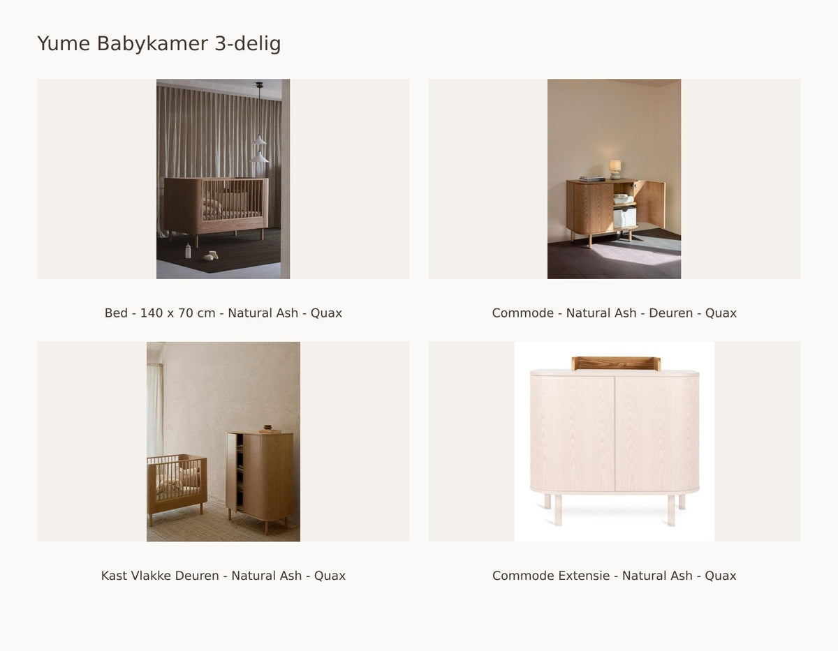 Quax Yume Babyzimmer 3-teilig – Natural Ash – 140 × 70 – Kommode Türen – Kleiderschrank flache Türen – mit Wickelaufsatz – mit Rausfallschutz und Juniorkit: Set mit Bett - 140 x 70 cm - Natural Ash - Quax, Kommode - Natural Ash - Türen - Quax, Schrank Flache Türen - Natural Ash - Quax, Wickelaufsatz - Natural Ash - Quax.
