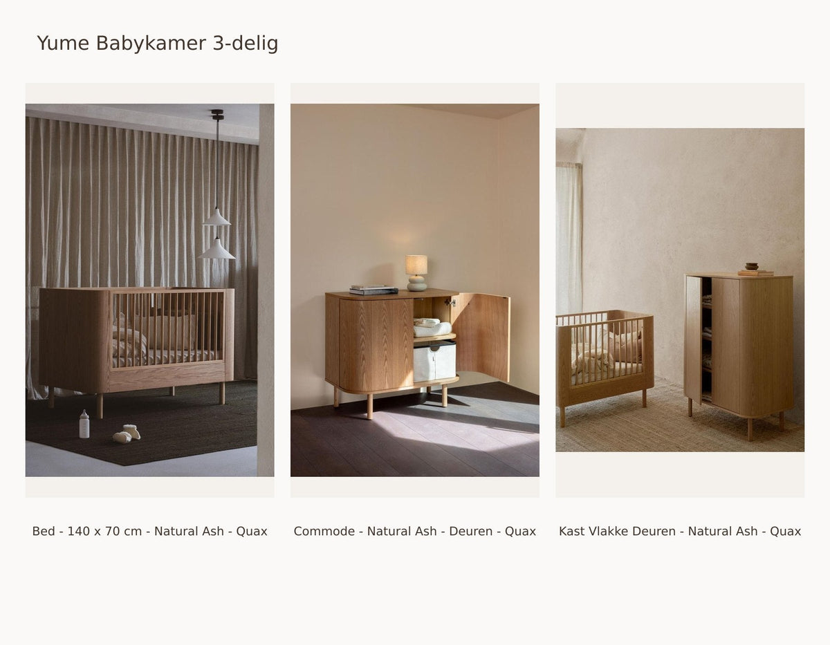 Quax Yume Babykamer 3-delig – Natural Ash – 140 × 70 – Commode deuren – Kledingkast vlakke deuren – met uitvalbeschermer: set met Bed - 140 x 70 cm - Natural Ash - Quax, Commode - Natural Ash - Deuren - Quax, Kast Vlakke Deuren - Natural Ash - Quax.