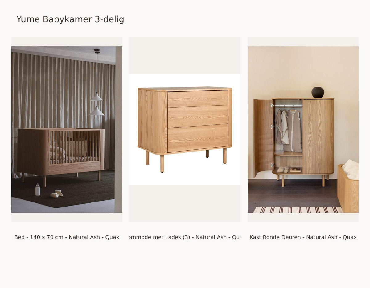 Quax Yume Babyzimmer 3-teilig – Natural Ash – 140 × 70 – Wickelkommode mit Schubladen – Kleiderschrank mit Rundtüren – mit Rausfallschutz und Junior-Kit: Set mit Babybett - 140 x 70 cm - Natural Ash - Quax, Kommode mit Schubladen (3) - Natural Ash - Quax, Schrank mit Rundtüren - Natural Ash - Quax.