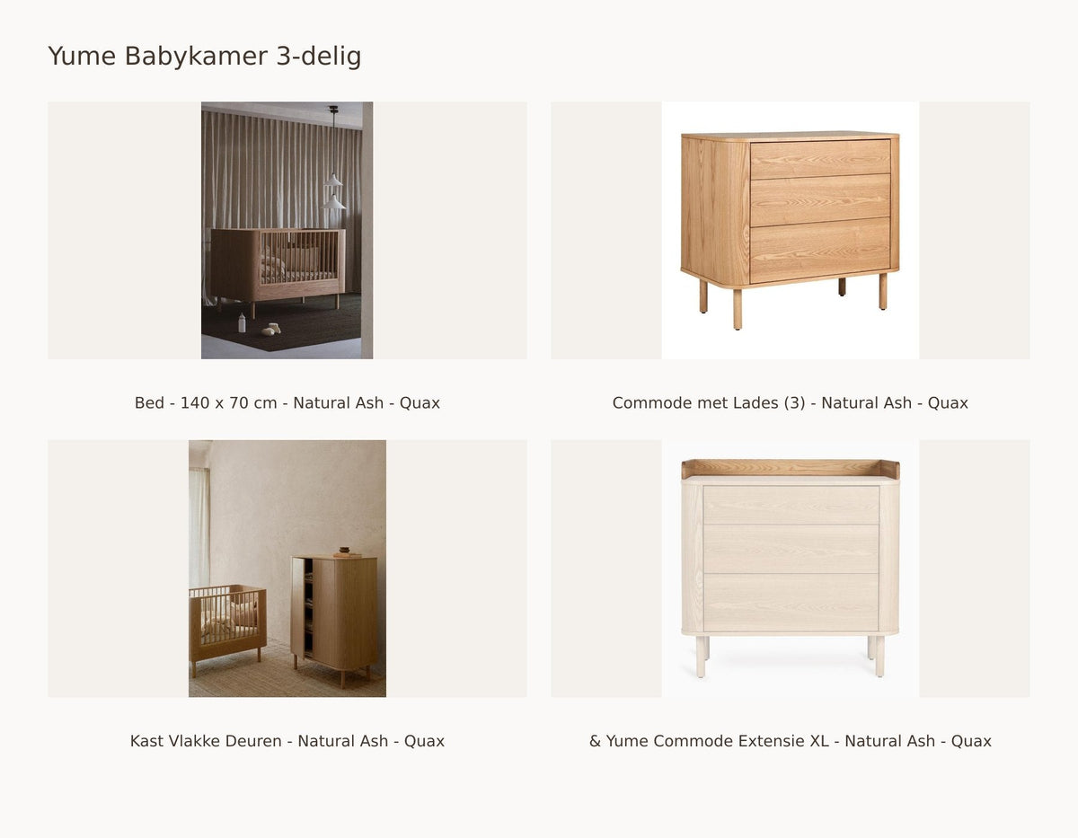 Quax Yume Babyzimmer 3-teilig – Natural Ash – 140 × 70 – Kommode mit Schubladen – Kleiderschrank mit glatten Türen – mit XL-Erweiterung – mit Junior-Kit: Set mit Bett - 140 x 70 cm - Natural Ash - Quax, Kommode mit Schubladen (3) - Natural Ash - Quax, Kleiderschrank mit glatten Türen - Natural Ash - Quax, & Yume Kommoden-Erweiterung XL - Natural Ash - Quax.