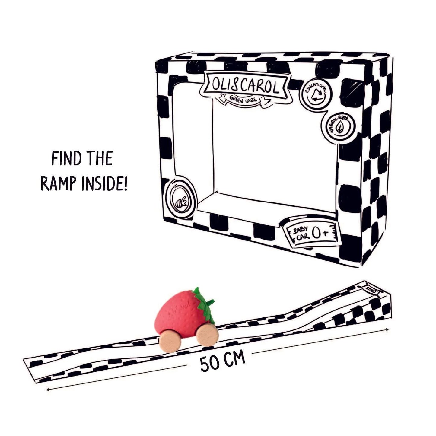 Speelgoedauto Sweetie the Strawberry met garage & racebaan - 0+ jaar - Natuurrubber & FSC-hout - Oli&Carol