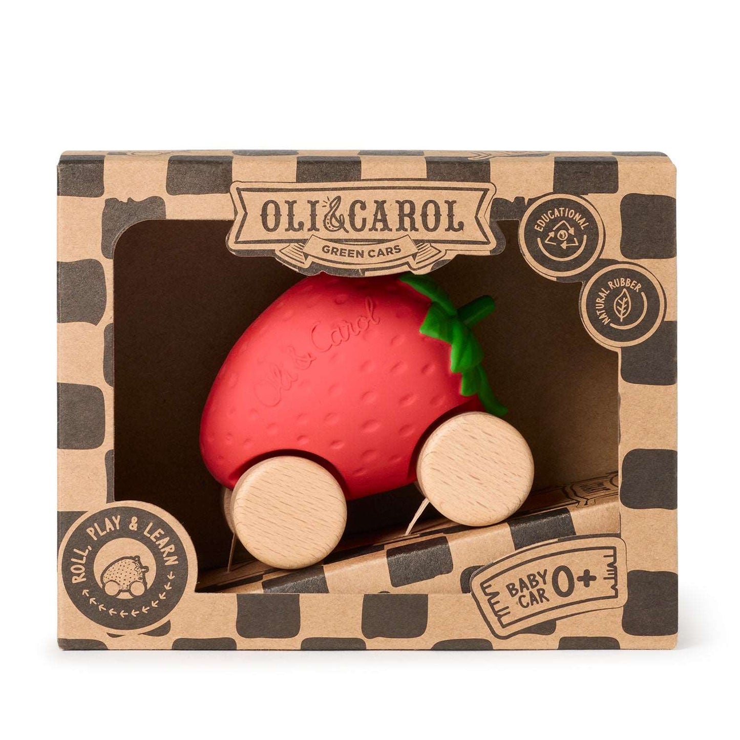 Speelgoedauto Sweetie the Strawberry met garage & racebaan - 0+ jaar - Natuurrubber & FSC-hout - Oli&Carol