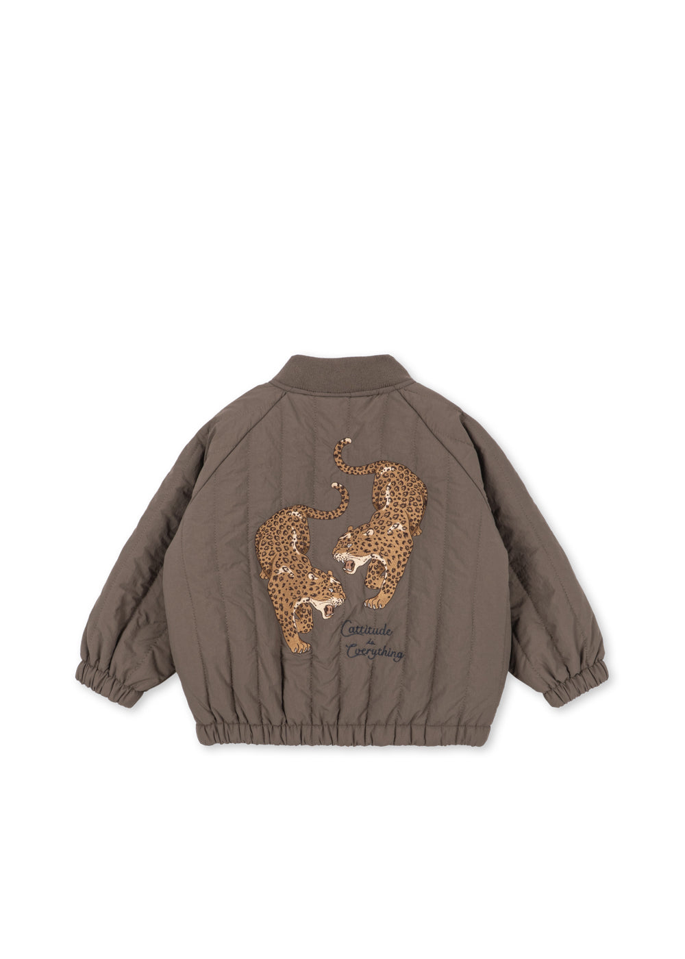 Thermo jacket Juno Bomber – Walnut – Konges Sløjd: back view of the brown bomber jacket with large leopard artwork.