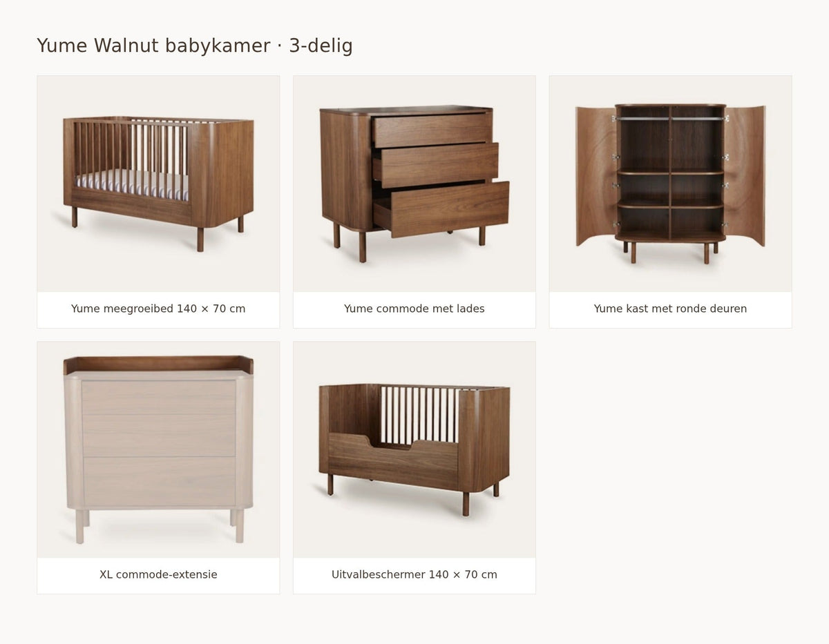 Quax Yume Walnut babykamer: samenstelling van 3 delig walnut 140 70 commode met lades kast ronde deuren extensie xl uitvalbeschermer