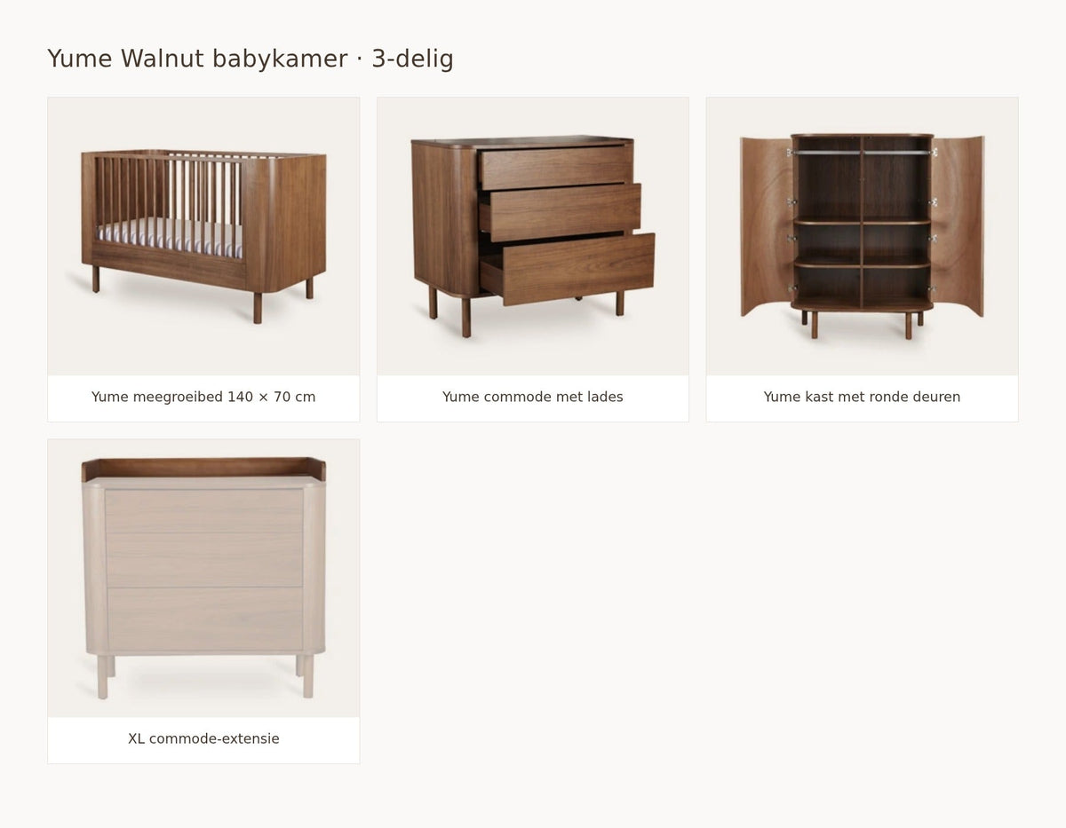 Quax Yume Walnut babykamer: samenstelling van 3 delig walnut 140 70 commode met lades kast ronde deuren extensie xl